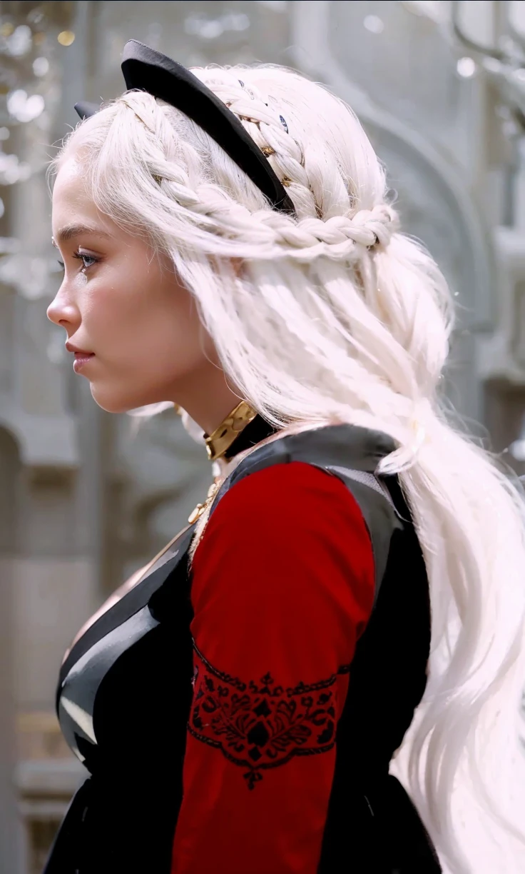 Girl with white wavy hair,side braids,beautiful necklace, Targaryen women hairstyle,beautiful gold tiara, red and black dress