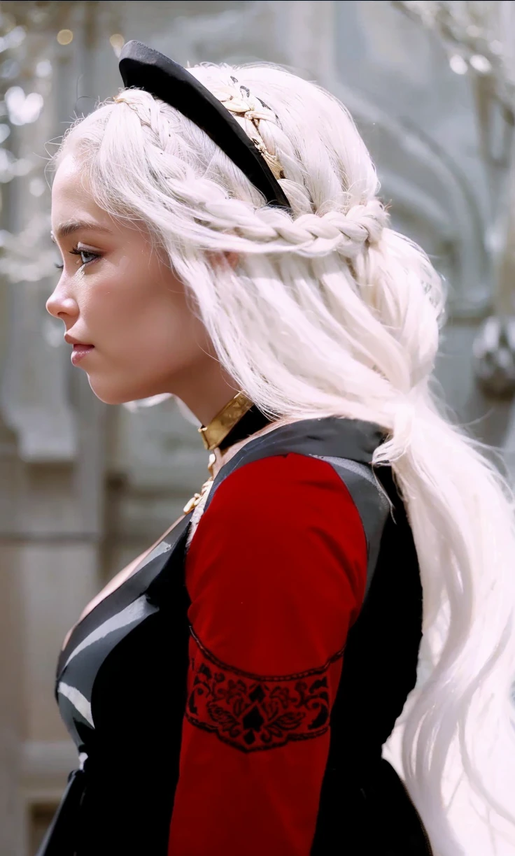 Girl with white wavy hair,side braids,beautiful necklace, Targaryen women hairstyle,beautiful gold tiara, red and black dress