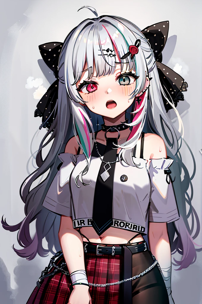 (Ultra HD、Masterpiece、super high quality),anozomi, long hair, streaked hair, hair ornament, hair bow, polka dot, hair flower, ear piercing, earrings, heterochromia, off shoulder, choker, necktie, red shirt, short sleeves, bandages, midriff, black belt, plaid skirt, red skirt, black shorts, chain, thigh strap, fishnet pantyhose,(blush、Embarrassing)、Upper Body、After orgasm、A stunned look、Sweat it out、Half-open mouth、vapor、steam、steam、Private room at an Internet café、Inside the room、(Sit with your back to the wall,Lower back falling out)