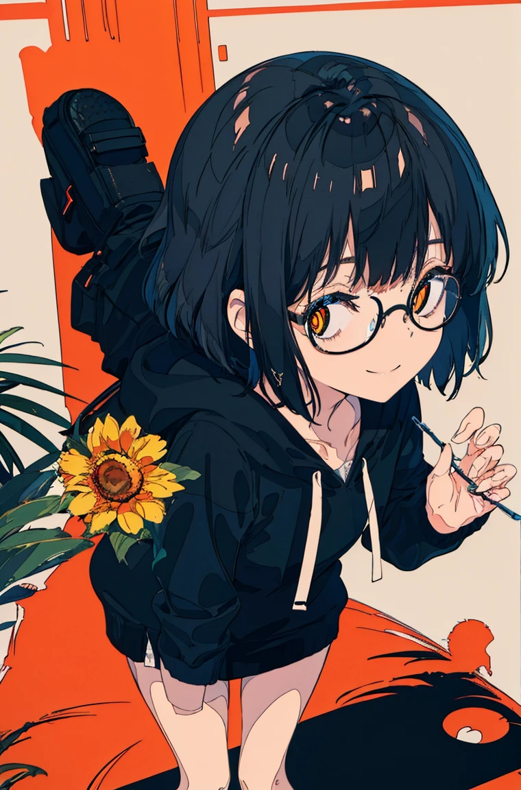 A masterpiece,Black short hair,Side face,Messy hair,Smile slyly,Orange pupils,Font,poster,jump,,Hair Bunch,Black shallow frame glasses,Black Hoodie,Dress fashionably,Standing picture,laid back,best quality, Illustration style,Large aperture portrait, Anime Girl, beautiful eyes, summer,, small, Heartwarming, Youthful and beautiful,,Regular Clothes,Black and white,, showing a natural casual style. Dynamic posture contains the golden ratio, China, White space, Strong contrast between light and shadow, Super texture, Super clear and concise pictures, presenting extremely beautiful,subtle facial expressions