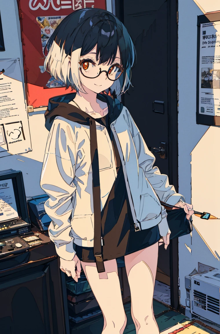 A masterpiece,Black short hair,Side face,Messy hair,Smile slyly,Orange pupils,Font,poster,jump,,Hair Bunch,Black shallow frame glasses,Black Hoodie,Dress fashionably,Standing picture,laid back,best quality, Illustration style,Large aperture portrait, Anime Girl, beautiful eyes, summer,, small, Heartwarming, Youthful and beautiful,,Regular Clothes,Black and white,, showing a natural casual style. Dynamic posture contains the golden ratio, China, White space, Strong contrast between light and shadow, Super texture, Super clear and concise pictures, presenting extremely beautiful,subtle facial expressions