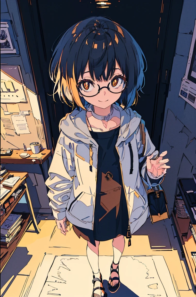 A masterpiece,Black short hair,Side face,Messy hair,Smile slyly,Orange pupils,Font,poster,jump,,Hair Bunch,Black shallow frame glasses,Black Hoodie,Dress fashionably,Standing picture,laid back,best quality, Illustration style,Large aperture portrait, Anime Girl, beautiful eyes, summer,, small, Heartwarming, Youthful and beautiful,,Regular Clothes,Black and white,, showing a natural casual style. Dynamic posture contains the golden ratio, China, White space, Strong contrast between light and shadow, Super texture, Super clear and concise pictures, presenting extremely beautiful,subtle facial expressions
