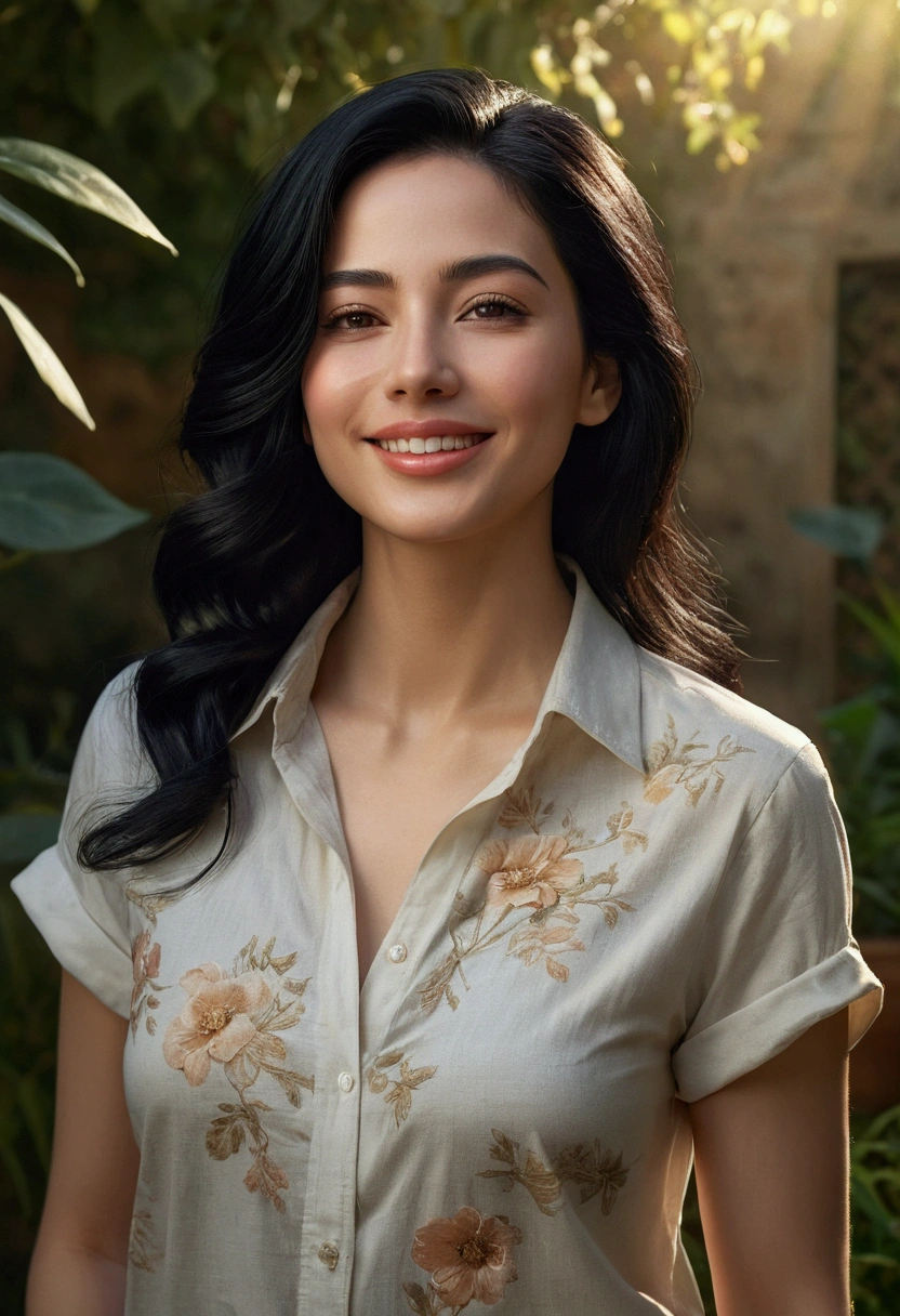 1woman, black hair, full body, smiling, tranquil, closed mouth, neck shirt, beautiful detailed eyes, beautiful detailed lips, extremely detailed face and hair, photorealistic, 8k, hyper detailed, chiaroscuro lighting, oil painting, muted colors, warm tones, cinematic composition, dramatic lighting, atmospheric, garden scene