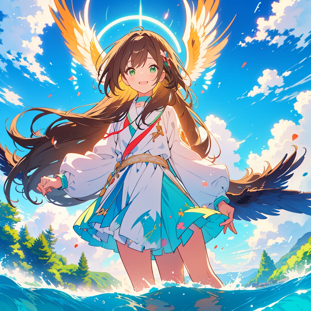 kawaii, anime, Cute, hyper quality, highly detailed, 8k, Front facing, Clarity, brown long hair, green eyes, smile, heaven, Rainbow colored wings on the back, particles of light, sky background, flapping its wings, Pose with movement, Fantastic, heaven, fantasy, water, water flows, Clearly depict facial expressions, fly into the sky, Richly colored, above the sky, Heaven, above the clouds, Composition overlooking the ground, look up at the sky, island country, sparkling sea, sparkling light, 