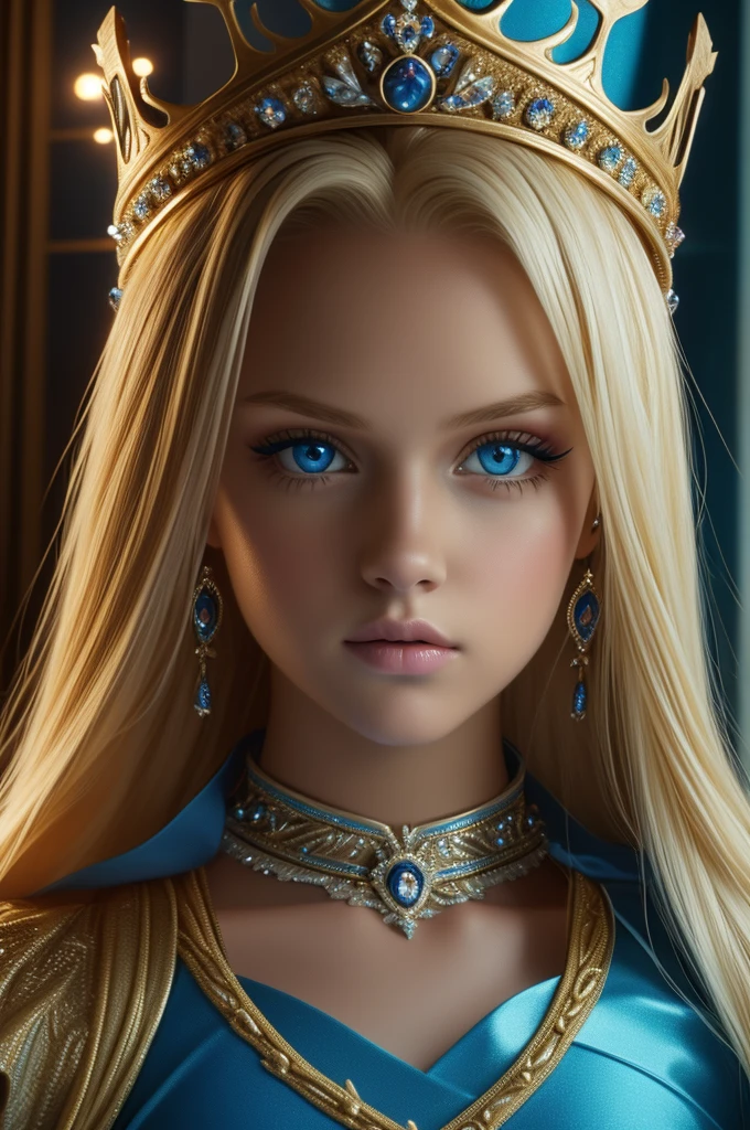 16 year old Tomi Lahren, ultra detailed face, ultra detailed blue eyes, long blonde hair, (queen dress), queen crown, (((masterpiece)))