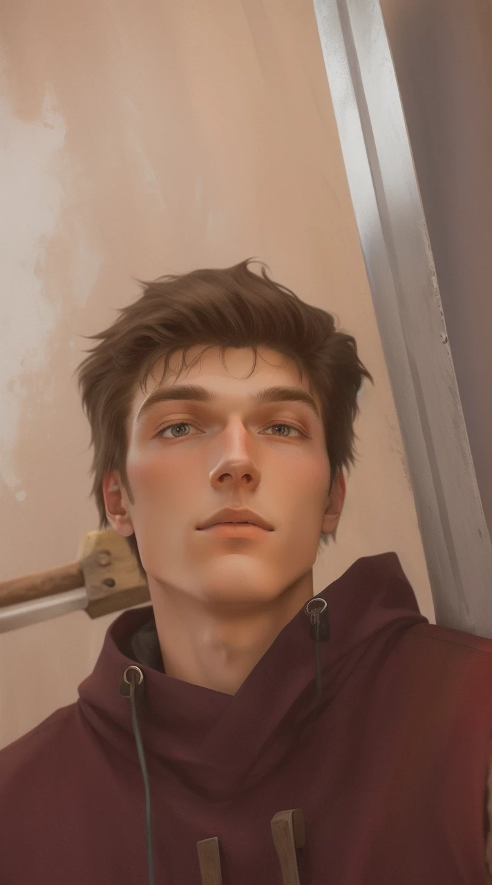 Tall man who appears to be 16 years old and uses an ax