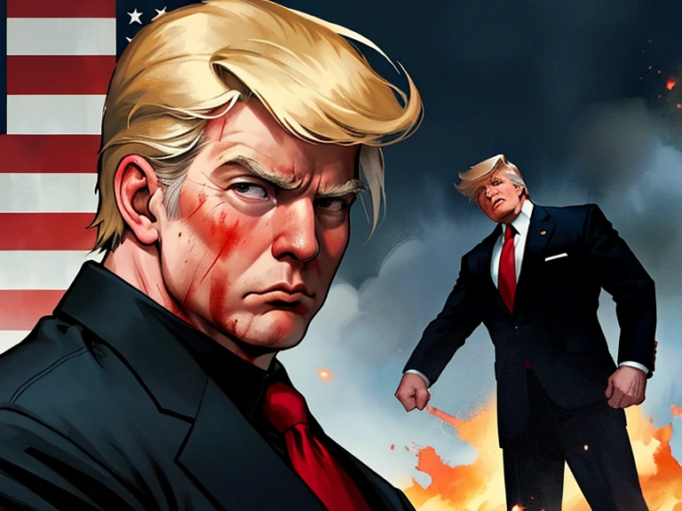 A dramatic comic book style illustration,Depicting the assassination of former US President Donald Trump。He stood under the American flag,Raise your fist in protest,Shouting "Fight!”。There was a determined look on his face.,The wound and blood on the right ear are clearly visible。Secret Service agents surrounded him,One of the agents is backing him up.。The scene is tense and full of action,Captured a crucial and touching moment。--ar 4:3 -- Comic Style -- Quality 4