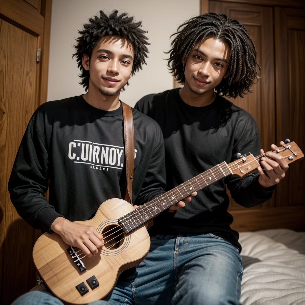 black male, imposing posture, With a little smile on your face, the way you want, curry hair, big, light brown eyes, playing the ukulele wearing casual clothes,