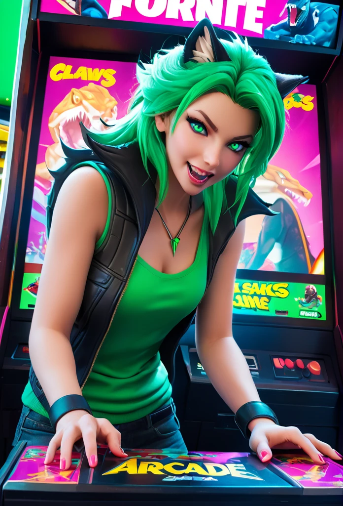 cerberus (fortnite), rating_safe, Green body, Green Eyes,Glowing Eyes,Fangs,Claws,tail,snake tail,
(playing on a 80s arcade video game machine in an arcade with 80s clothing), score_9, score_8_up, score_7_up, score_6_up, score_5_up, score_4_up, huge cock