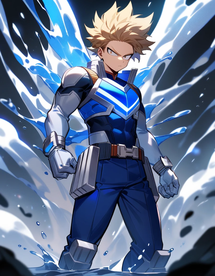 One boy, male focus, brown and blond hair, boku no hero academia, Izuku Midoriya look alike, masterpiece, best quality, very aesthetic, blue and silver super hero suit, Blue chest armor with fluid patterns and a silver symbol in the center, Fitted sleeves with silver details; silver gloves with blue accents, Fitted blue pants with silver details and a silver utility belt, Durable blue boots with silver accents, Short blue cape with silver details, Panels or lights that simulate the flow of water, proportionally anatomical, full body illustration, The posture should be upright and confident, with a serious facial expression.