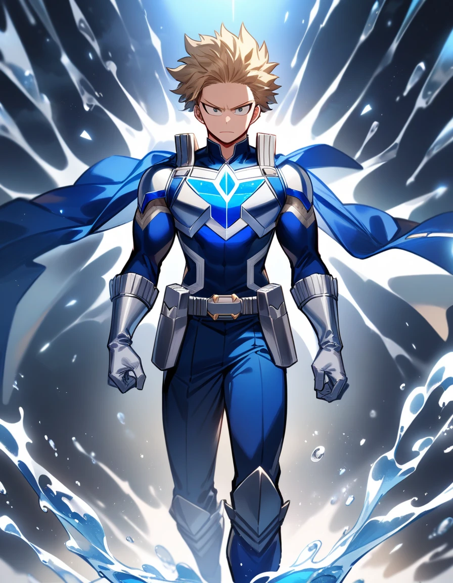 One boy, male focus, brown and blond hair, boku no hero academia, Izuku Midoriya look alike, masterpiece, best quality, very aesthetic, blue and silver super hero suit, Blue chest armor with fluid patterns and a silver symbol in the center, Fitted sleeves with silver details; silver gloves with blue accents, Fitted blue pants with silver details and a silver utility belt, Durable blue boots with silver accents, Short blue cape with silver details, Panels or lights that simulate the flow of water,  proportionally anatomical, full body illustration, The posture should be upright and confident, with a serious facial expression.