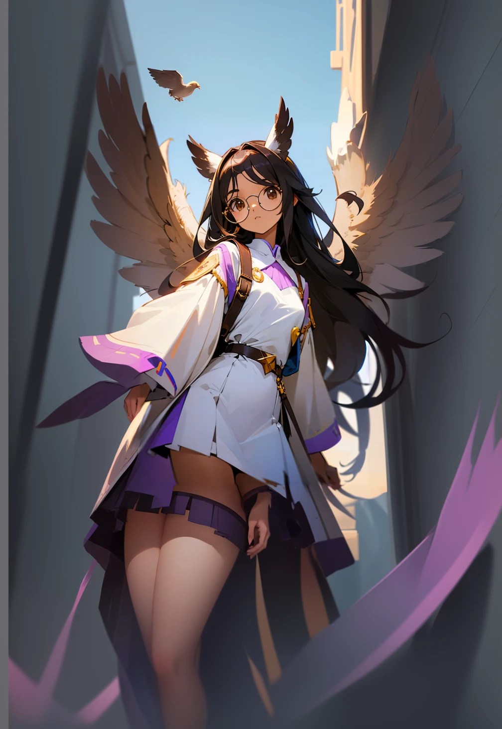 anime-style image of a woman with glasses and wings and a bird tail, owl ears, white outfit with light purple details, blue sky background, artgerm and atey ghailan, keqing from genshin impact, detailed digital anime art, detailed anime character art, anime moe artstyle, high detailed official artwork, artwork in the style of guweiz, young wan angel, official character art, ayaka genshin impact