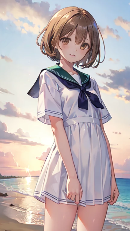 young, very short hair, bob haircut, Air bangs, hairs between eyes, hair over shoulder, brown hair, beautiful detailed hair, extremely beautiful detailed anime face and eyes, happy, clear eyes, perfect hands, small Breasts, perfect and delicate limbs, light brown eyes, bright skin, pleated dress, Summer sailor uniform, beautiful detailed sky, beach, Early in the morning, sparkle, refined rendering, extremely detailed, wallpaper 8k CG, the best quality,
