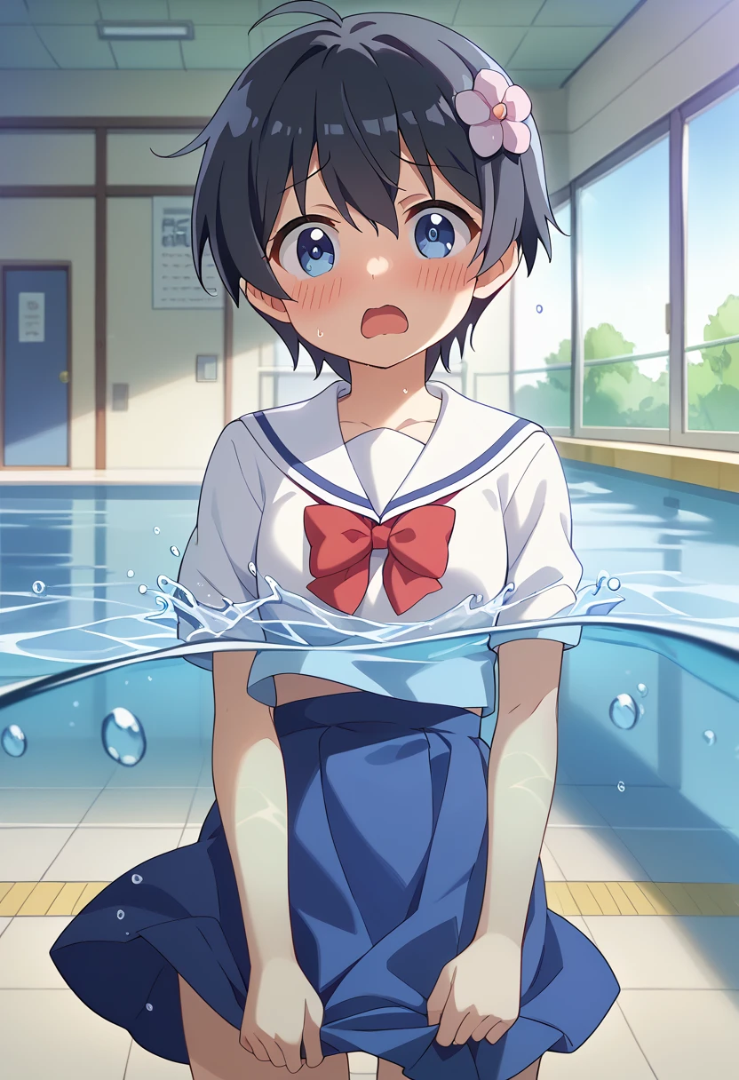 score_9, score_8_up, score_7_up, source_アニメ, masterpiece, 1girl, watahana, blue eyes, hair ornament, hair flower, school outfit, blue dress, sailor dress, white sailor collar, red bow, outdoor, school yard, field, cowboy shot, looking at viewer, indoors, open mouth, Black Hair、Shiny Hair, Highest quality、Water Play, Skirt fully open、Long wide skirt、cute、White underwear、blush、Watery eye、Lots of water、Wet、((Wind power increase))、The skirt floats on the water、(drowning water)、(Underwater Shot Of The Swimming pool)
