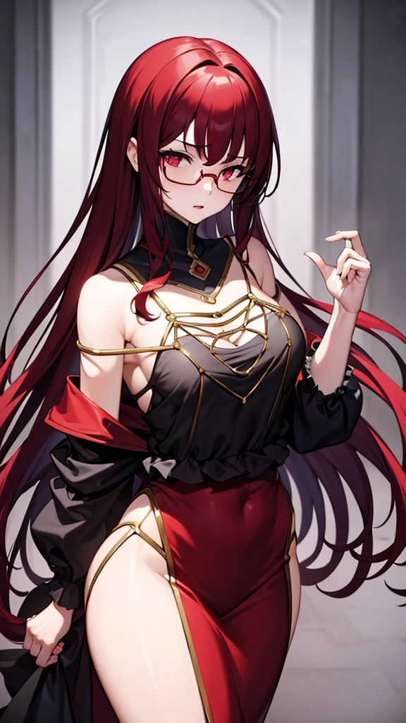 (Masterpiece), (best quality), A 20-year-old female villain with long dark red hair, red eyes, breasts, a red cat pussy, round glasses, a black outfit.