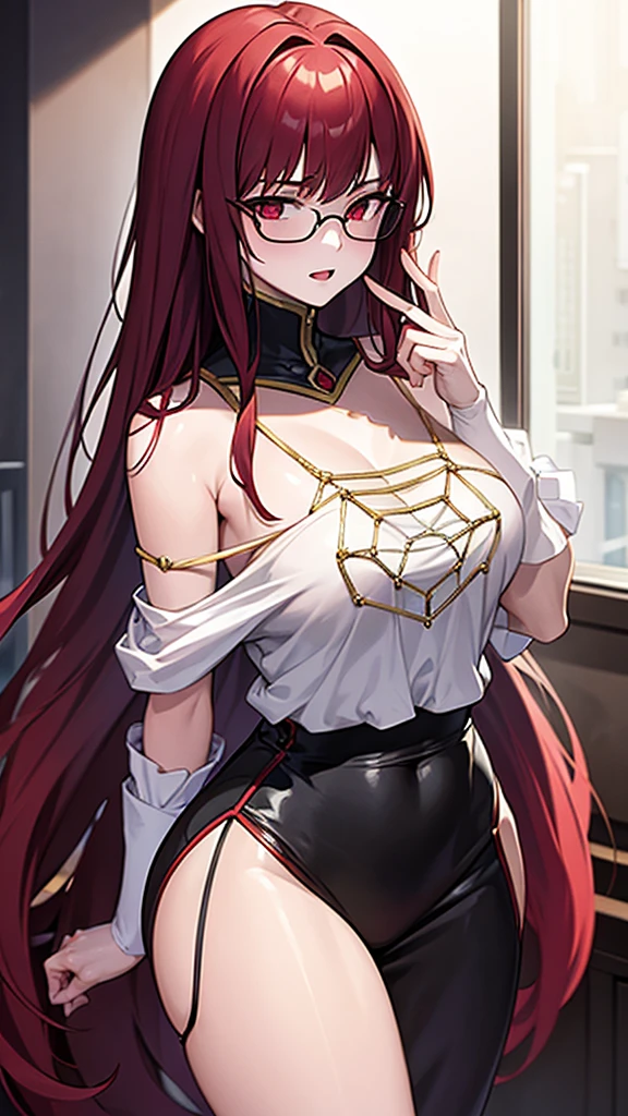 (Masterpiece), (best quality), A 20-year-old female villain with long dark red hair, red eyes, breasts, a red cat pussy, round glasses, a black outfit.