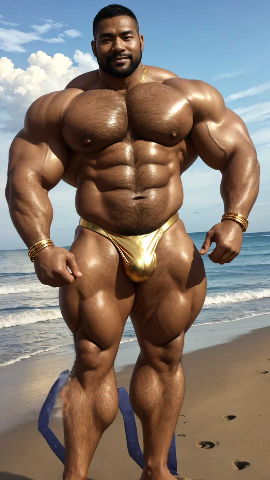 There is only one handsome Asian king in the photo,35 years old,tall, Fitness,Smooth body,Smooth skin,No chest hair,short hair, O-Shaped Beard,Perfect body, Dark skin color,Radiant Skin,Smooth skin,Shiny, shiny skin,Smooth pectoral muscles,Muscle bulge, muscular, Very large pectoral muscles,Very sexy abdominal muscles,Very well-developed leg muscles,Huge concave and convex area,Brightens oily skin,Wearing a shiny gold leather thong,Handsome face,Normal human toes,Correct and accurate male body proportions,Gold Collar,Gold bracelet,Gold anklets,Vacation at the beach,dusk, Dynamic poses,Gradient sky, Gorgeous and dreamy,Charming dream scene,Epic。