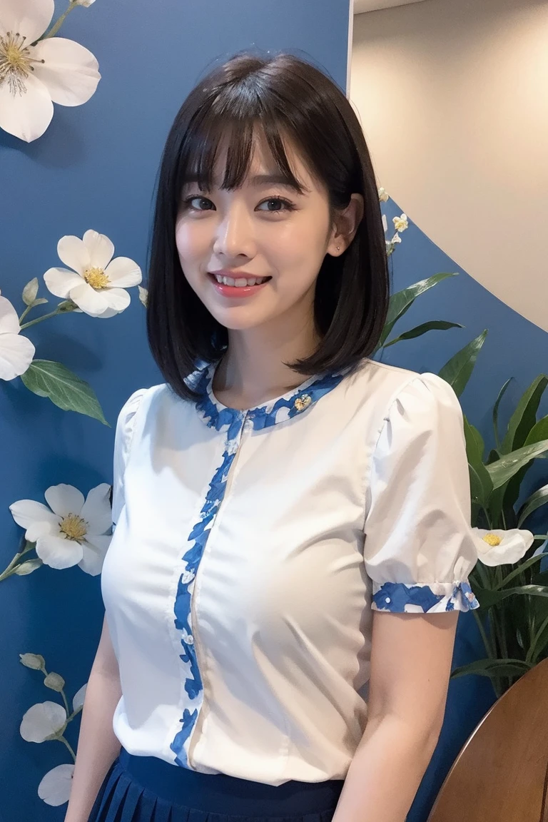 Medium display, Medium Shot, Written boundary depth, bust, Upper Body, Movie angle, masterpiece, Highest quality, Very detailed, CG, 8k wallpaper, Beautiful Face, Delicate eyes, Otome, alone, smile, bangs, skirt, shirt, have, Cobalt blue dress with gold trim, Laugh mischievously、Floral Background