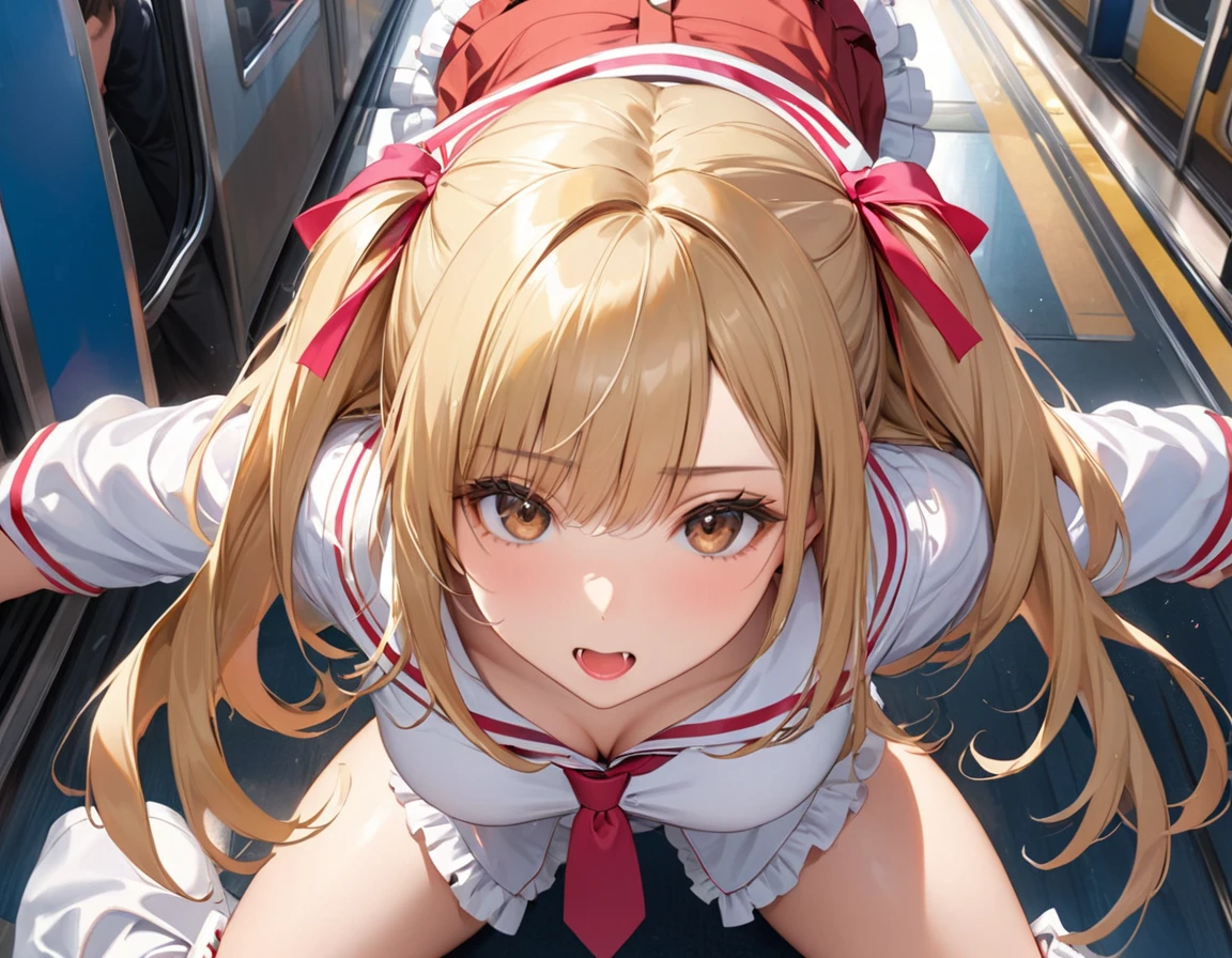 A Female robot is sleeping in a fridge, spread legs, nude, banzai pose. she wears no dress. She Brown short hair is tied with two big red clothespins, She lifts up the under hem of her white plain dress, leaning over, masterpiece, very short pigtails,brown hair, mature, android, blue eyes, full body figure, Height: 160cm, flushed cheeks, 2020s anime picture, A beautiful robot with short brown hair in two short pigtails held up by two very large huge red clothespins, Uplifting, No NSFW, whole body, barefoot, archaic smile, getting orgasm, 25 years old, sweat bucket. robot skin.