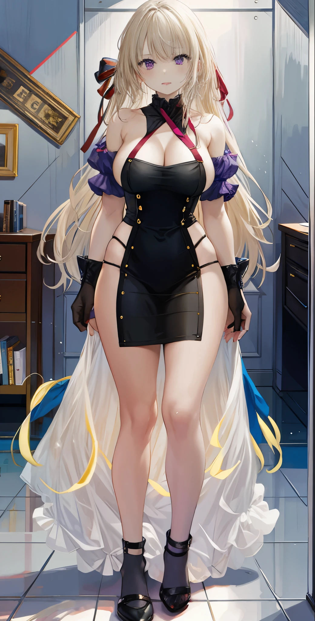 girl,Large Breasts,long hair,Topless,Bow,Blonde hair, Purple Eyes, Cleavage,Large Breasts
