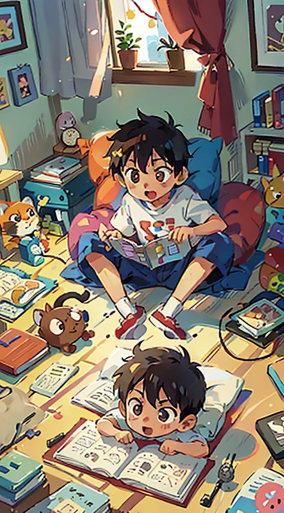 boy, 5 years, bed, children's room, reading comic, happy, window, bookshelf, toys, computer, alone, night, oren cat.