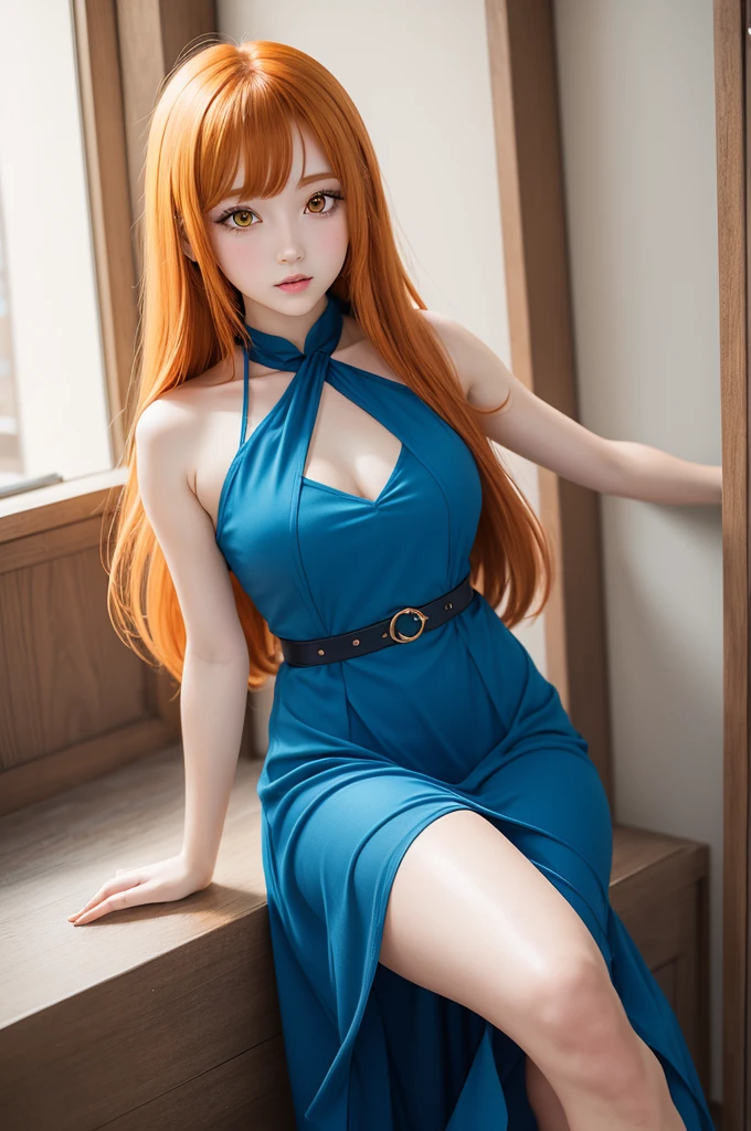 There is a woman sitting on a sofa wearing a blue dress, amoranto, better known as amoranto, with pale skin, smooth, pale skin, young beautiful amoranto, soft pale white skin, pele macia e dourada, Asuka Langley soryu, Asuka Langley sohryu, Asuka Langley souryuu, Asuka Langley