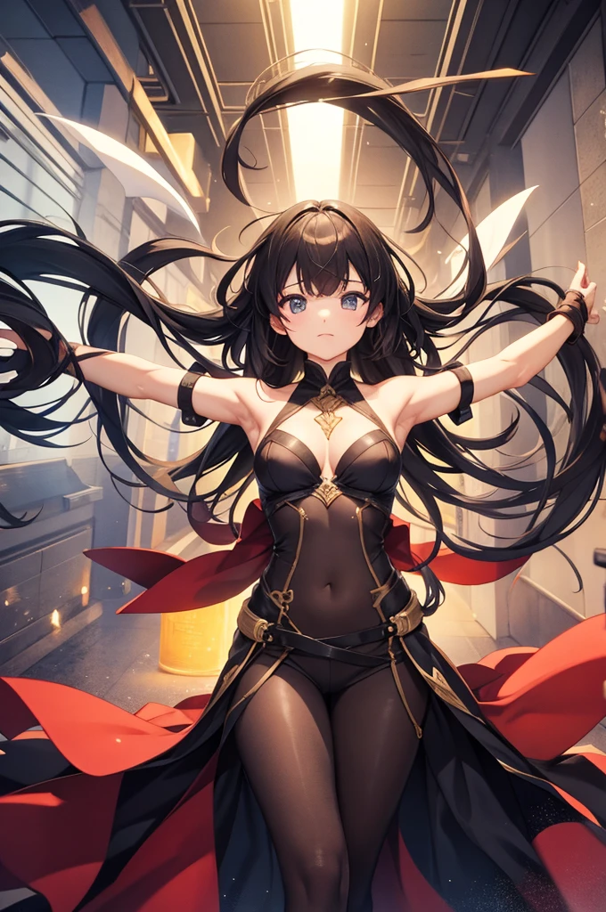 animal, arch, arm_up, bird_\(birds\), black_dress, black_gloves, black_hair, blunt_bangs, blush, breasts, bridal_gauntlets, cross, cross_necklace, dated, detached_sleeves, dress, elbow_gloves, fate/apocrypha, fate_\(series\), fringe, girl, gloves, kang_kang_zi, long_hair, makeup, one_eye_closed, payot, pointy_ears, semiramis_\(fate\), signed, single, slit_pupils, tall_image, very_long_hair, wink