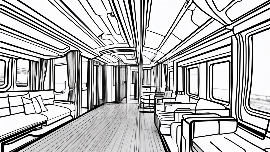 Draft line drawing, thin lines, punchy touch, white train interior