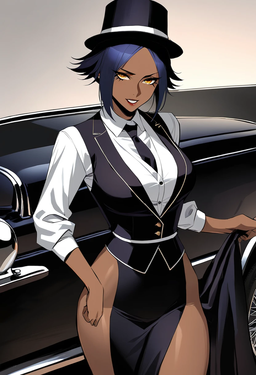 Yoruichi, 1girl, in a stylish black coat and hat, standing next to a vintage car, in a retro-inspired outfit with a white blouse, black vest, and skirt, conveying a sense of elegance and sophistication. (masterpiece), best quality, expressive eyes, perfect face