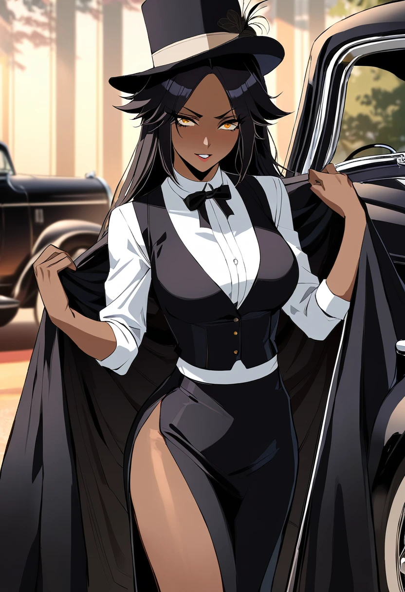 Yoruichi, 1girl, in a stylish black coat and hat, standing next to a vintage car, in a retro-inspired outfit with a white blouse, black vest, and skirt, conveying a sense of elegance and sophistication. (masterpiece), best quality, expressive eyes, perfect face