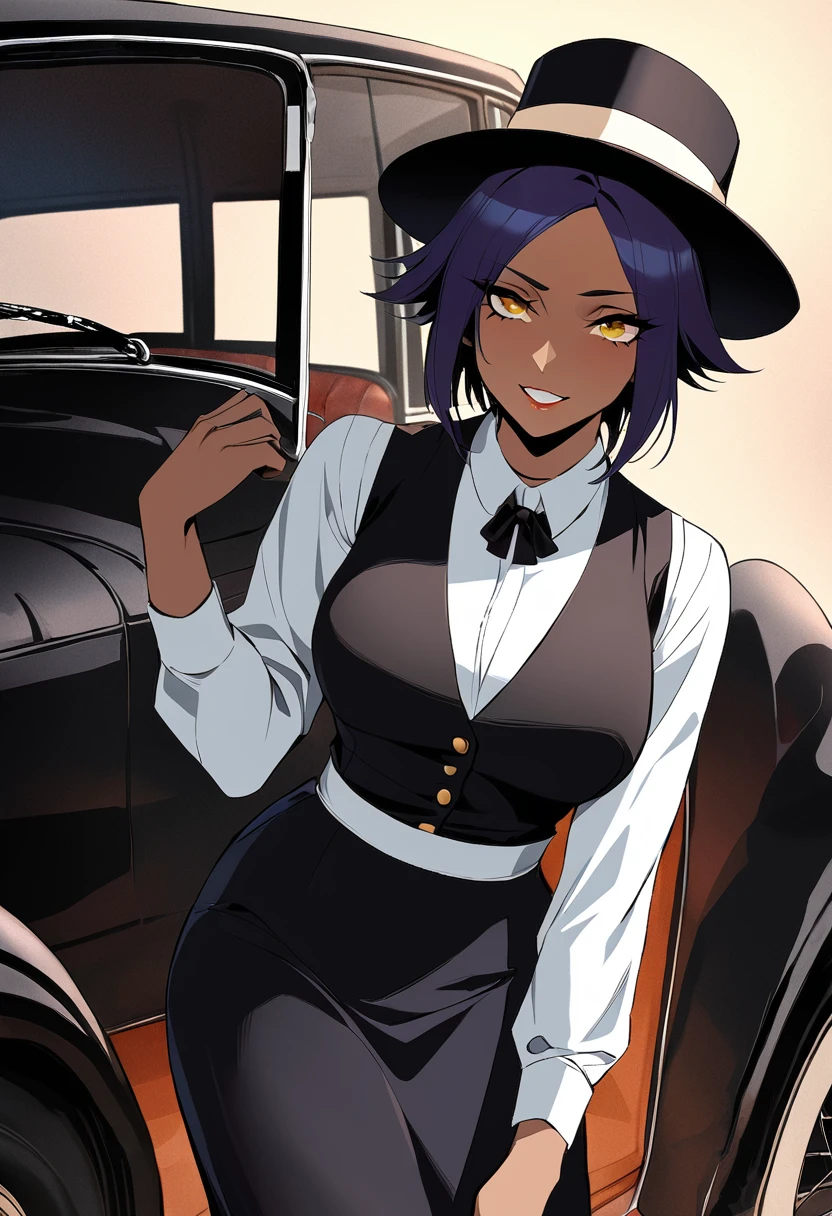 Yoruichi, 1girl, in a stylish black coat and hat, standing next to a vintage car, in a retro-inspired outfit with a white blouse, black vest, and skirt, conveying a sense of elegance and sophistication. (masterpiece), best quality, expressive eyes, perfect face
