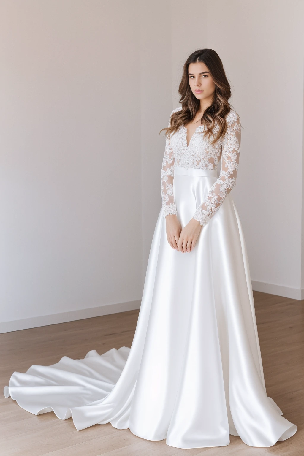 Best quality, 8k, 32k, Masterpiece, Masterpiece, (Photorealistic: 1.4), RAW photo, ultra realistic, 1girl, Fashion model, Wearing a long sleeves wedding dress, satin fabric, full length view, pose Stand upright in white room with a minimalist design, featuring white walls and a clean, modern aesthetic.