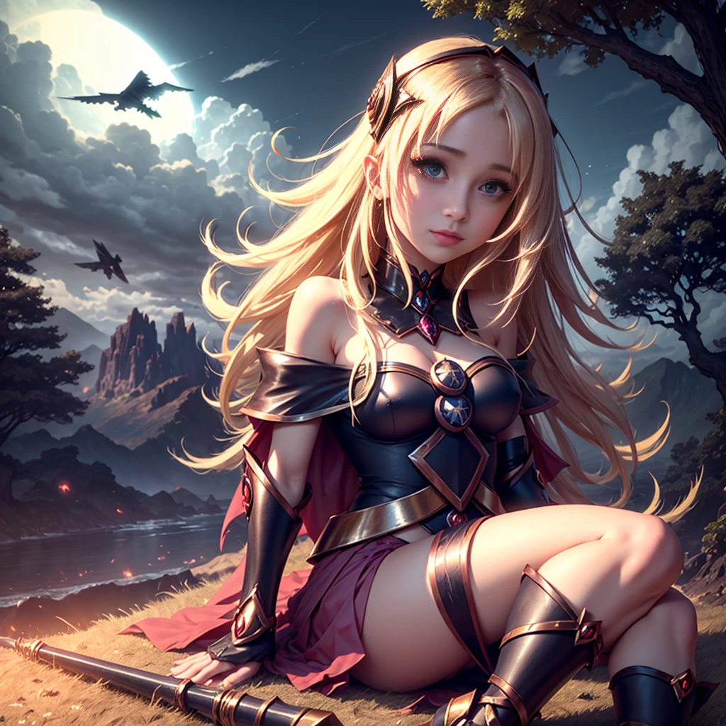 Ereshkigal in the fate series sitting on the grass under a tree looking at the sky looking at the mythical flying creatures In the background darkness and Spell landscape behind her from a distant view