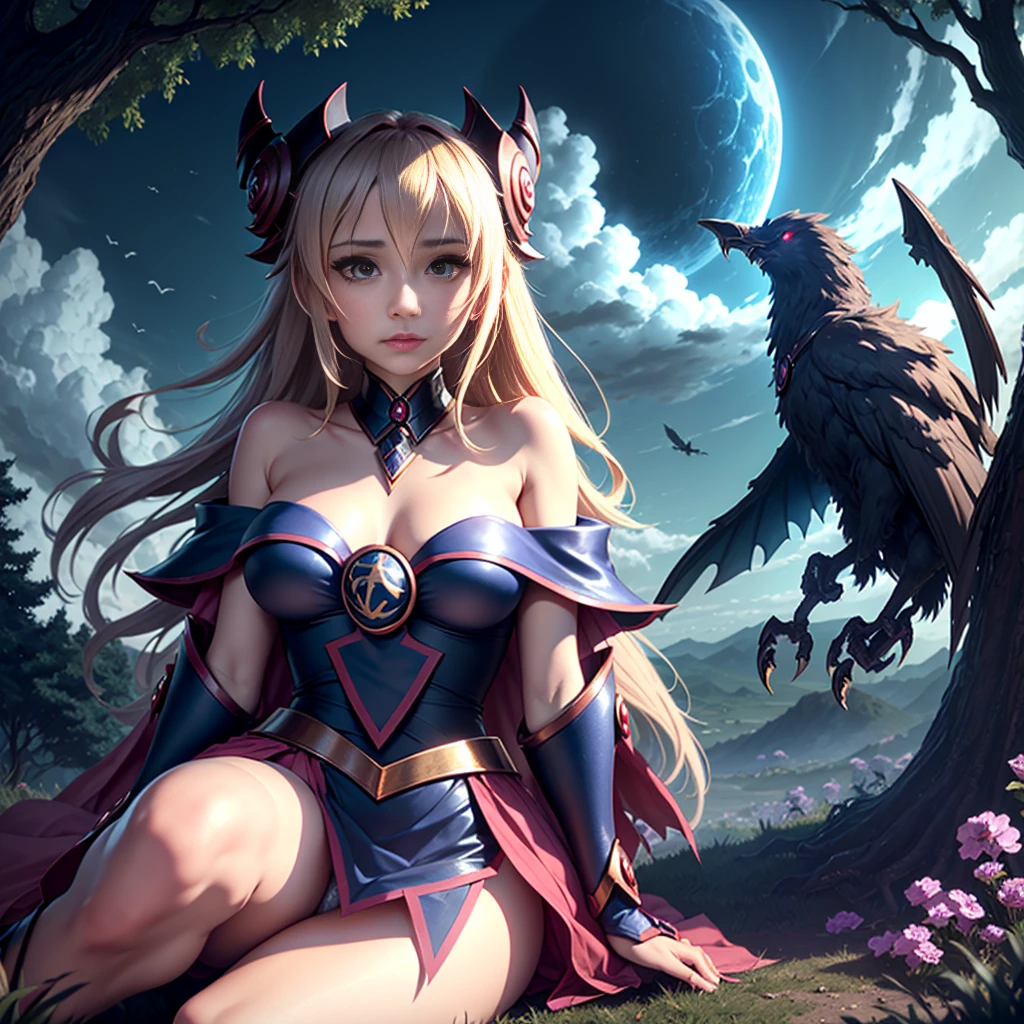 Ereshkigal in the fate series sitting on the grass under a tree looking at the sky looking at the mythical flying creatures In the background darkness and Spell landscape behind her from a distant view