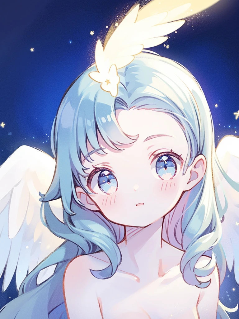 nude angel girl wearing an ethereal translucent dress, pale skin, ((blue mint wavy hair)), white feathers, angel wings, sparkling detailed eyes, golden ratio face, perfect composition, highly detailed, ethereal, (starry night sky background), midjourney style