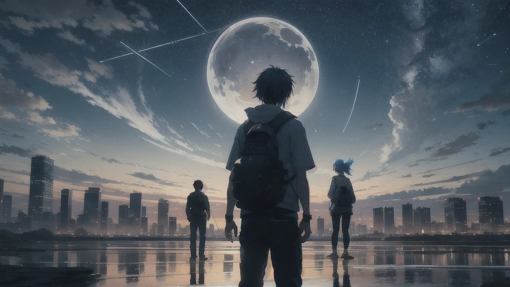 真っ暗なnight空,Octane, star (null), scenery, Blue parakeet,The acoustic guitar is in front of the body.,star, night, A girl and a boy standing back to back, Back view, alone, Outdoor, city,river,Blue parakeet,building, cloud, 天のriver,silhouette