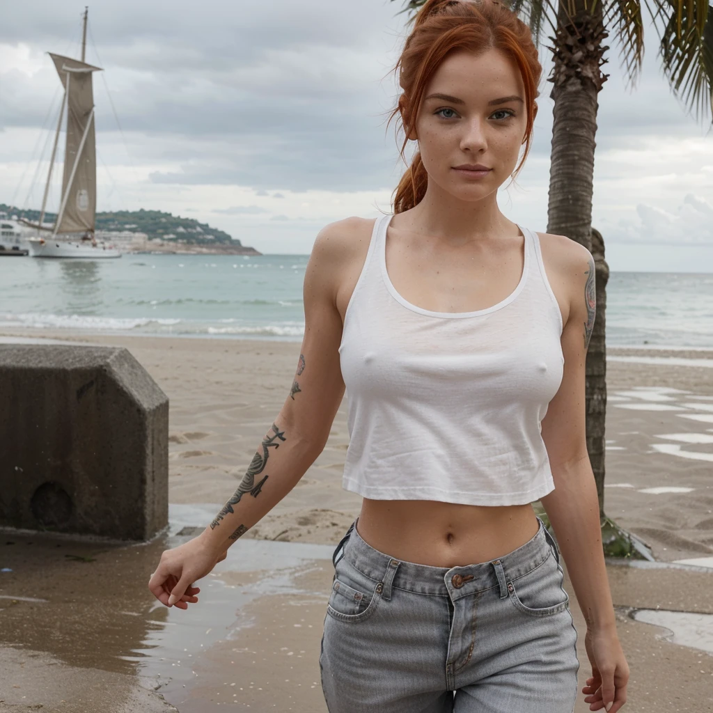 Create an image of only one young, sporty European woman in her mid-20s.  to athletic figure with a small bust. She is tattooed and has some piercings. She has ginger red hair with some highlights that lead to a cheeky hairstyle. Her eyes are an exciting green. She also has some freckles that make her look slightly cheeky. It's a rainy summer day and she have, barefoot, a walk at the beach of Nice. She is wearing a grey tank top and an open white casual linen shirt over it. A short, grey jeans complete her outfit. She is wet from the rain.