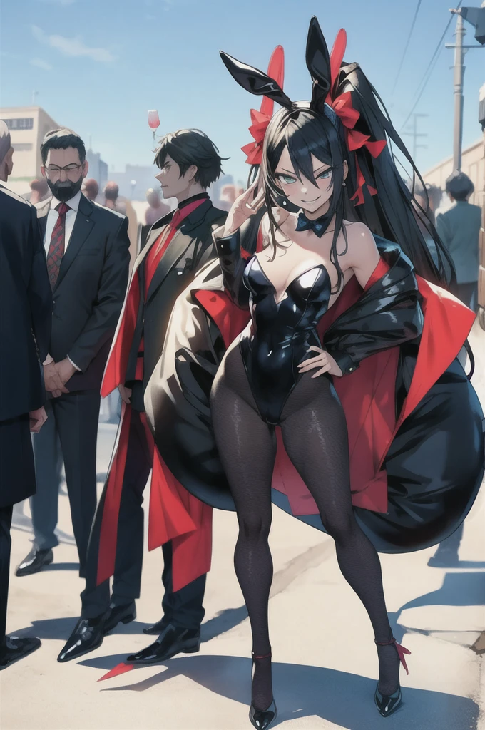 Yoshitaka Amano ~ Gris Grimly ~ Masamune Shirow ~ Tomer Hanuka ~ Bratz ~ ultra detailed gorgeous, {a smiling girl wearing a black bunny girl suit no bunny ears}, she's wearing a bunny girl one piece suit with fishnet stockings, {{{no bunny ears}}}. looking towards the camera, This contrast between the fantastical character and the more bold color scheme and elements gives the piece an intriguing narrative quality. painted realism, photorealistic, 8k, fantasy digital art, {{dynamic full body pose}}, HDR, UHD