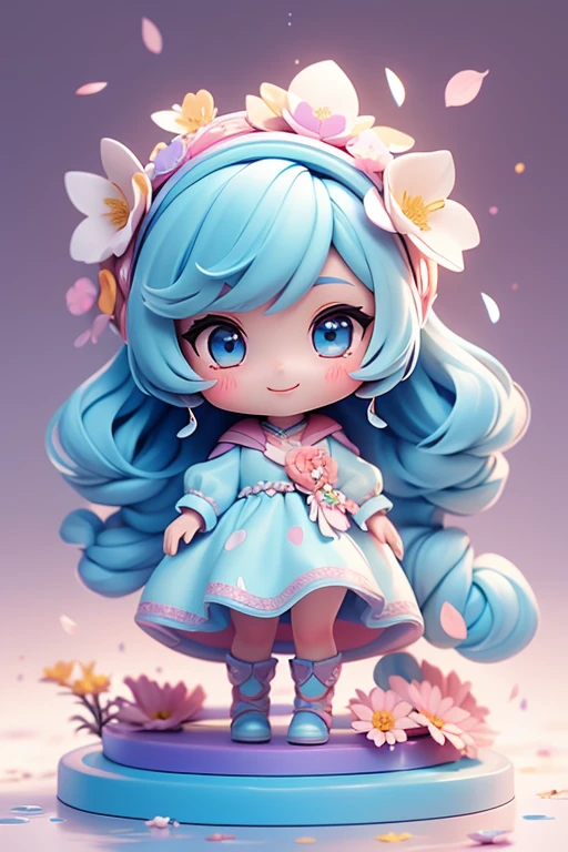 Photorealistic、Doll standing in front of the painting（Nendoroid）、Light blue long hair、Double tail、Lovely smile、Water drops on cheeks、Strike a cute pose、Watercolor Clay Figure、(HD Gallery)、Flowing rainbow silk、Face、Eyes up、Colorcon Heart、Floral patterns dress up your soul with your hands、There is another flower in front of the petals below the Nendoroid.....、season!!: Winters☀ 🍂