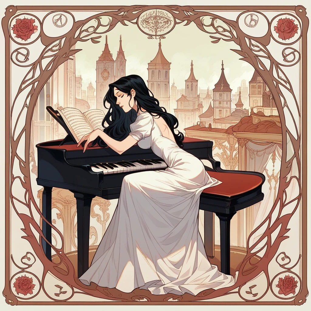 beautyfull vampire woman, wavy black hair, white dress, delicate, playing piano, bauty lights, full body, comics art style, art nouveau, city background