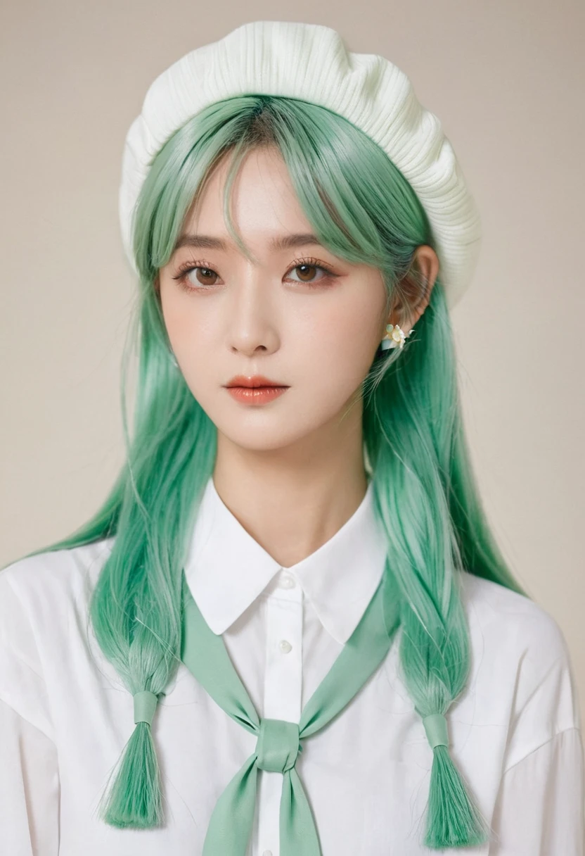 1 Girl, (Eye bags:1.5), Mint green hair, twin_Weaving, White beret, White shirt, Flower tie
