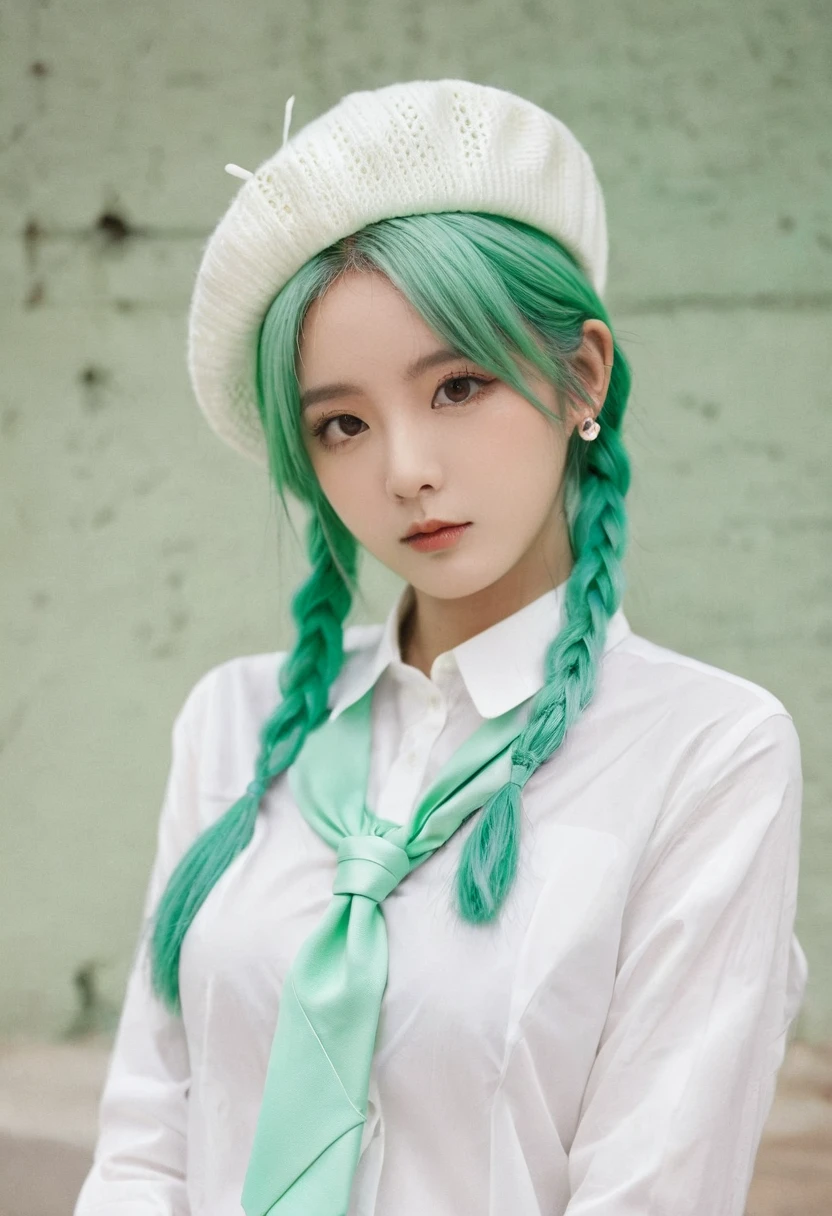 1 Girl, (Eye bags:1.5), Mint green hair, twin_Weaving, White beret, White shirt, Flower tie