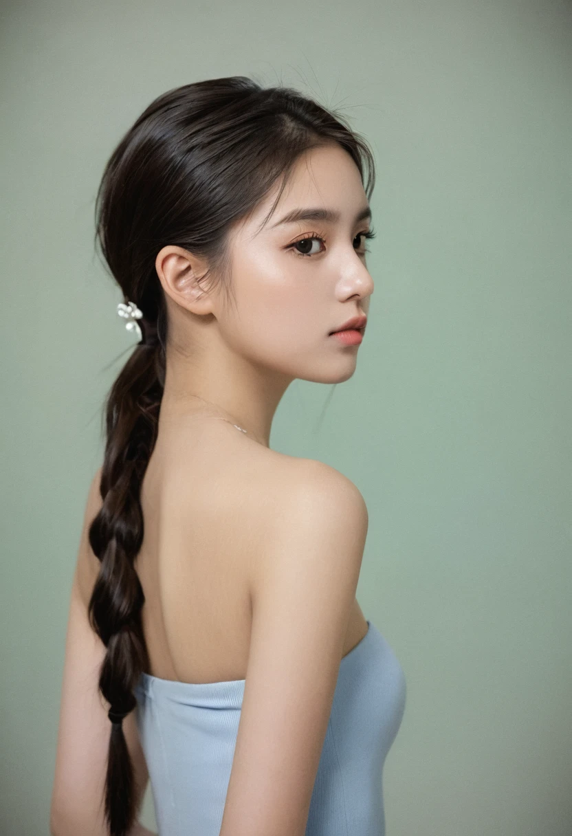 1 Girl, Solitary, Propaganda Art, By Mika Picazo, masterpiece, Bare shoulders, Ponytail, Looking at the audience