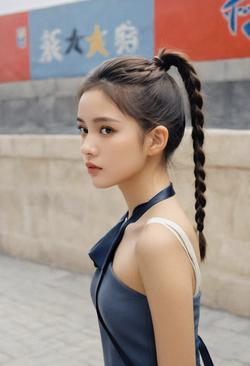 1 Girl, Solitary, Propaganda Art, By Mika Picazo, masterpiece, Bare shoulders,  Ponytail, Looking at the audience 