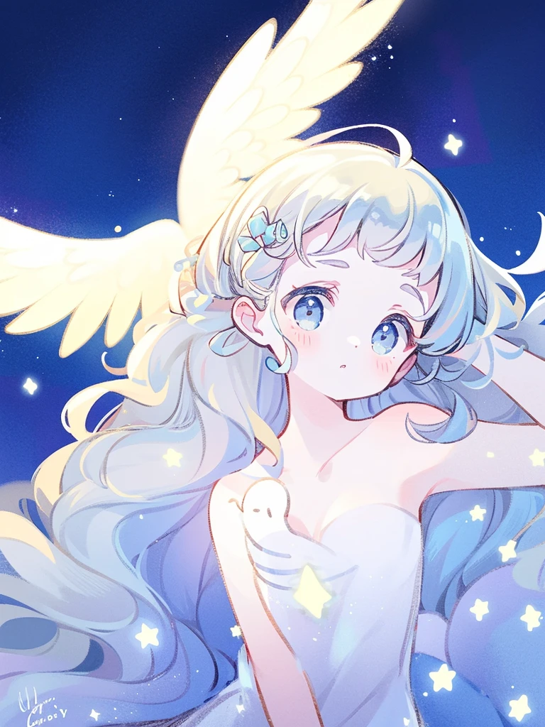 nude angel girl wearing an ethereal translucent dress, pale skin, ((blue mint wavy hair)), white feathers, angel wings, sparkling detailed eyes, golden ratio face, perfect composition, highly detailed, ethereal, (starry night sky background), midjourney style
