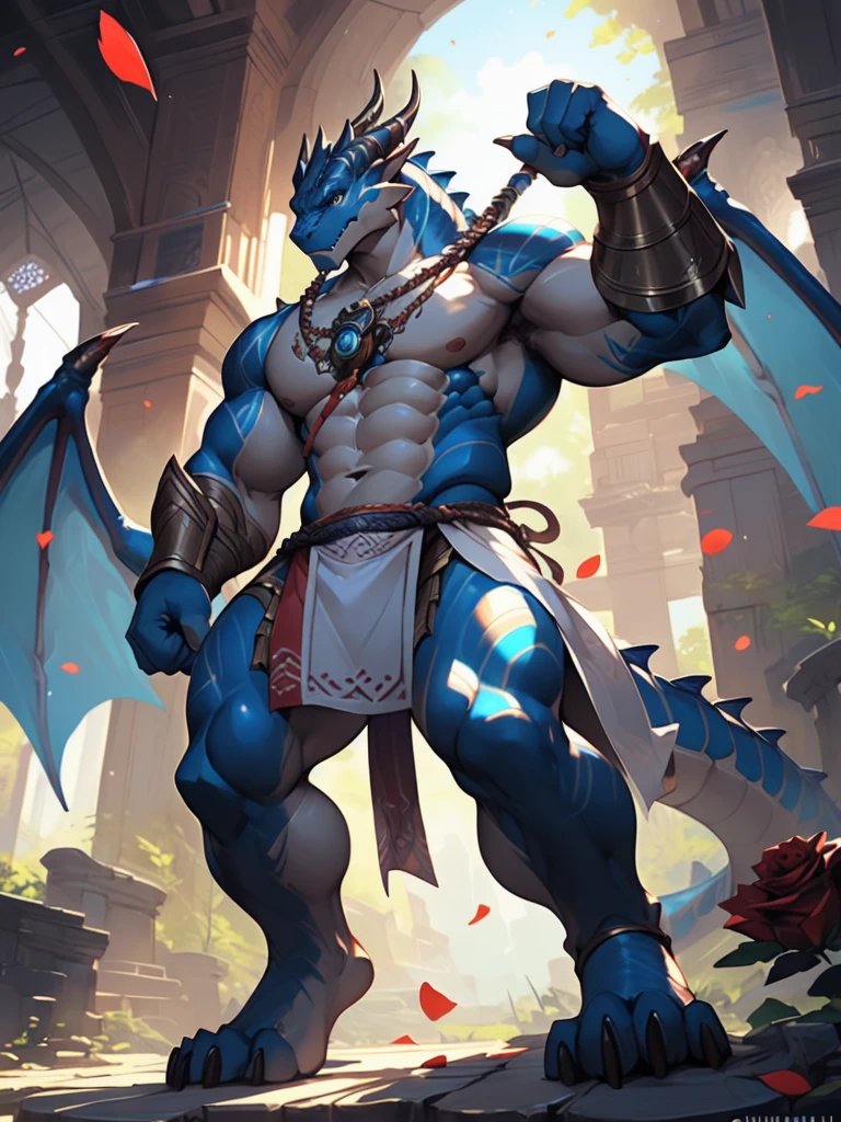 uploaded on e621, (male anthro dragon), lifting some weight, solo, muscle, detailed scale texture, gym, (battlefield), (tribal clothing, ((long loincloth))), (shoulder armor, leg armor), (blue body, white belly), (art by chunie, (drakgem), ((rakisha)), (kontanagamori)), (front view), looking pleasured, [simple background], detailed pupils, masterpiece artwork, caustics, rim lighting, single light source, sharp shadows, solo portrait, (digitigrade), (kemono), by inessa garmash, greg rutkowski, pino daeni, ruan jia, (light particles), rose petals, 2 wings