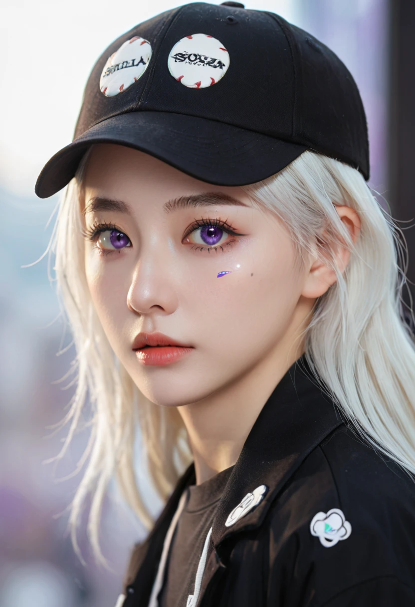 masterpiece, best quality, 4K, Ultra HD, Sanzhuang City, , Beautiful eyes and delicate face, illustration, Beautiful and detailed, high resolution illustration, Luminescence_White_particle, 1 Girl, White hair, Lilac eyes, Hair covering one eye, Short side details, Baseball cap,Poker face, curtain, Black jacket, Chest hanging, Cyberpunk, Technical clothing,(Impressionism:1.4), Vincent Van Gogh