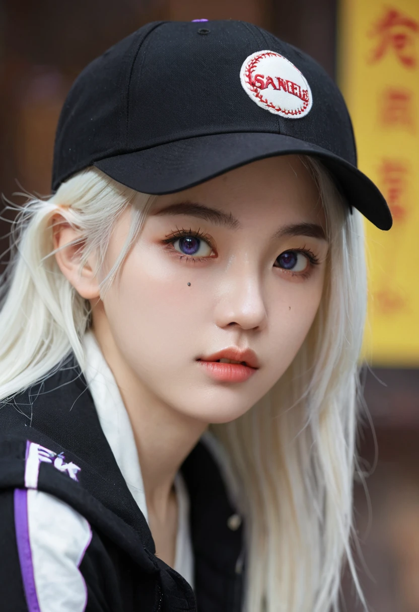 masterpiece, best quality, 4K, Ultra HD, Sanzhuang City, , Beautiful eyes and delicate face, illustration, Beautiful and detailed, high resolution illustration, Luminescence_White_particle, 1 Girl, White hair, Lilac eyes, Hair covering one eye, Short side details, Baseball cap,Poker face, curtain, Black jacket, Chest hanging, Cyberpunk, Technical clothing,(Impressionism:1.4), Vincent Van Gogh