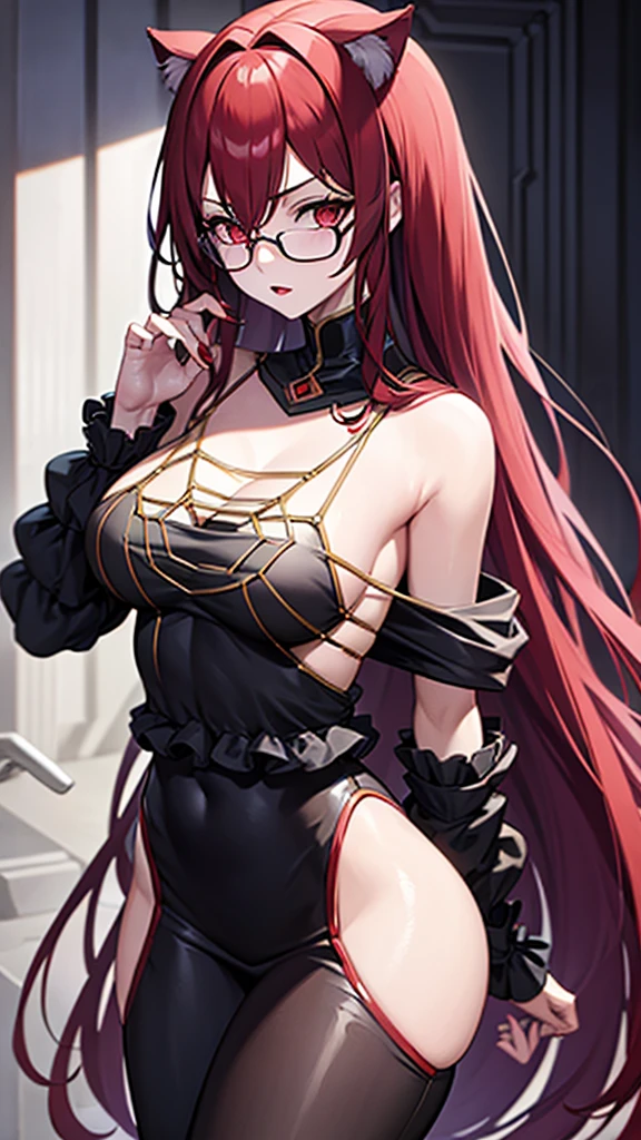 (Masterpiece), (best quality), A 20 year old female villain with long dark red hair, red eyes, chest, red cat ears, round glasses, black outfit.