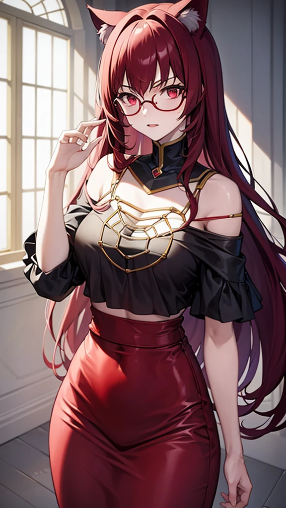 (Masterpiece), (best quality), A 20 year old female villain with long dark red hair, red eyes, chest, wearing a red commander hat, round glasses, black outfit, standing.